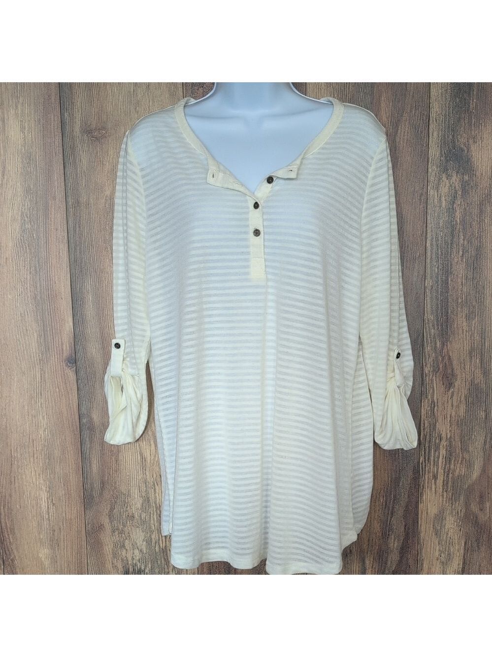 Faded Glory Cream Striped 1/4 Button-Down Shirt 1X P126